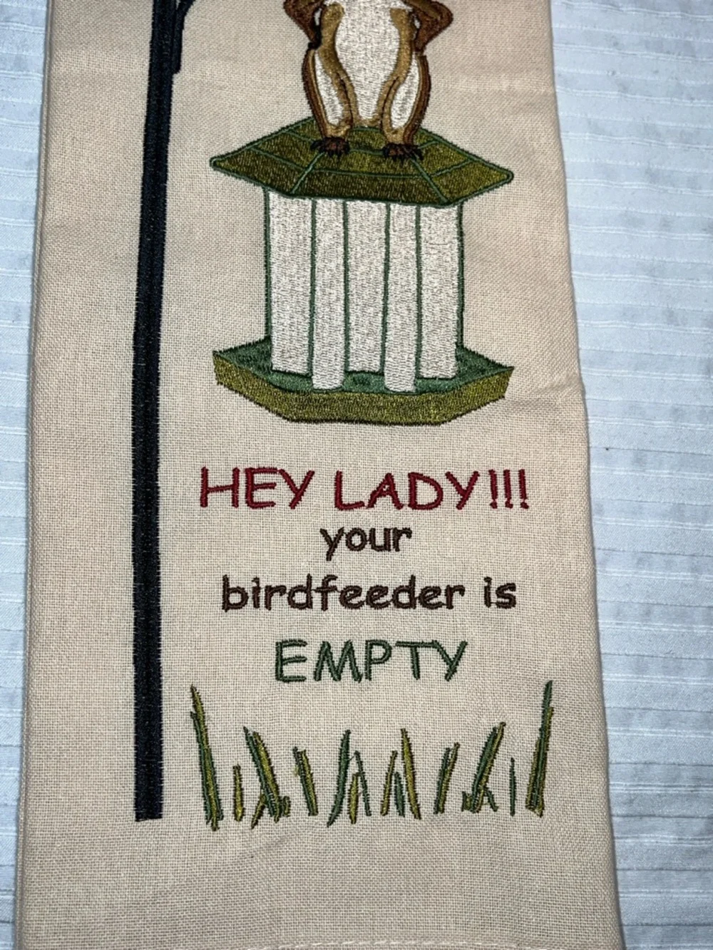 Park Lane Beige Kitchen Towel with Multicolor Embroidered Squirrel & Birdfeeder